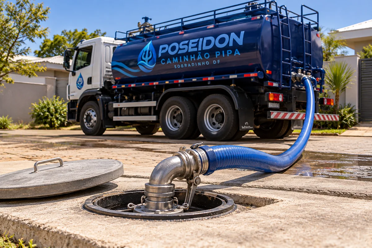 Caminhão pipa para cisterna em Sobradinho DF: caminhão da Poseidon em atendimento