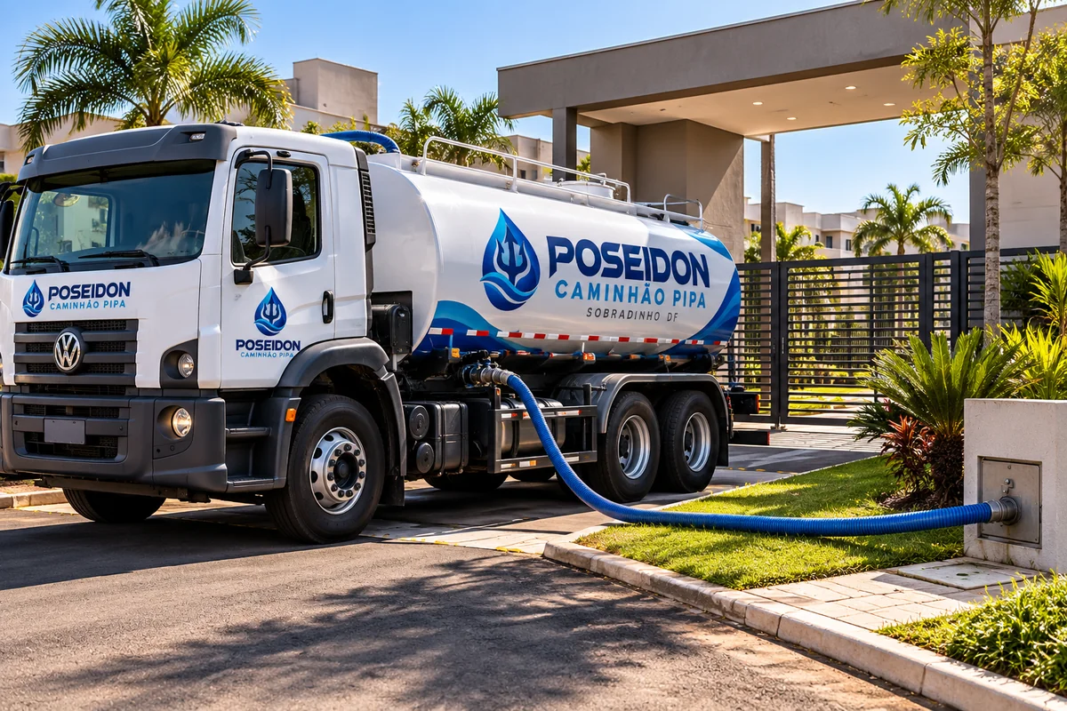 Caminhão pipa para condomínio em Sobradinho DF: caminhão da Poseidon em atendimento