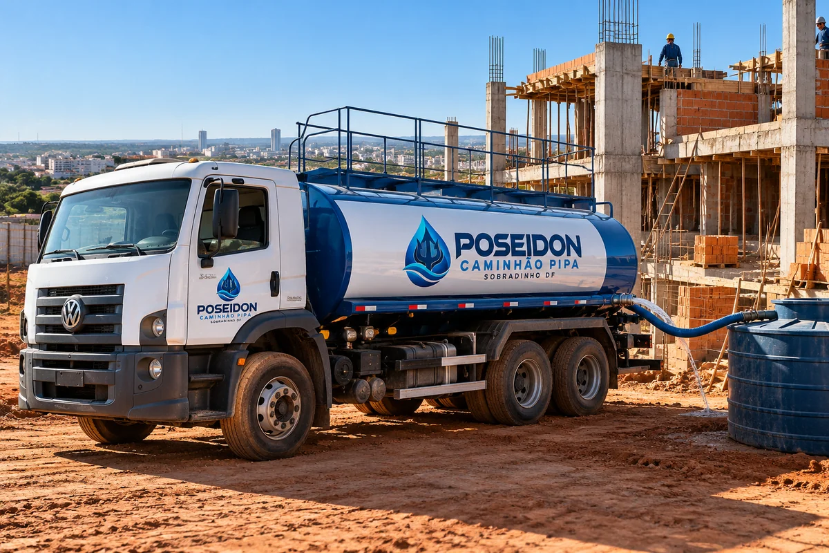 Caminhão pipa para obras em Sobradinho DF: caminhão da Poseidon em atendimento