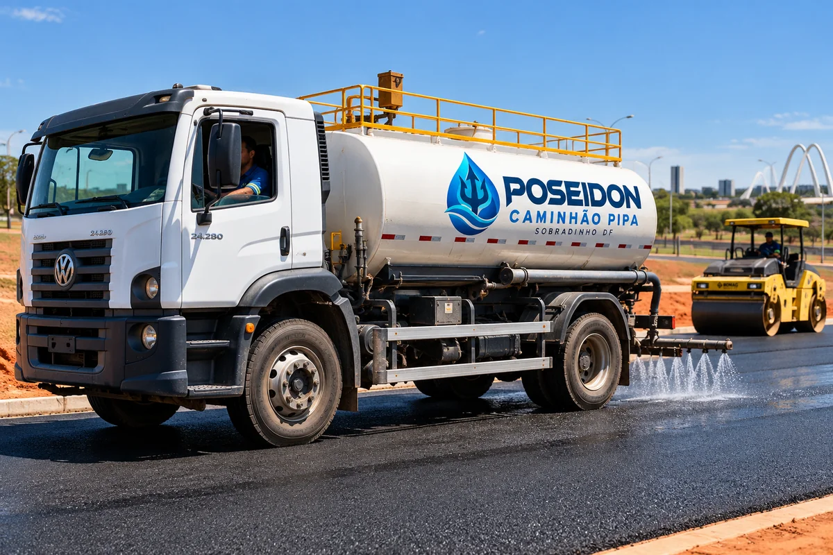 Caminhão pipa para pavimentação em Sobradinho DF: caminhão da Poseidon em atendimento
