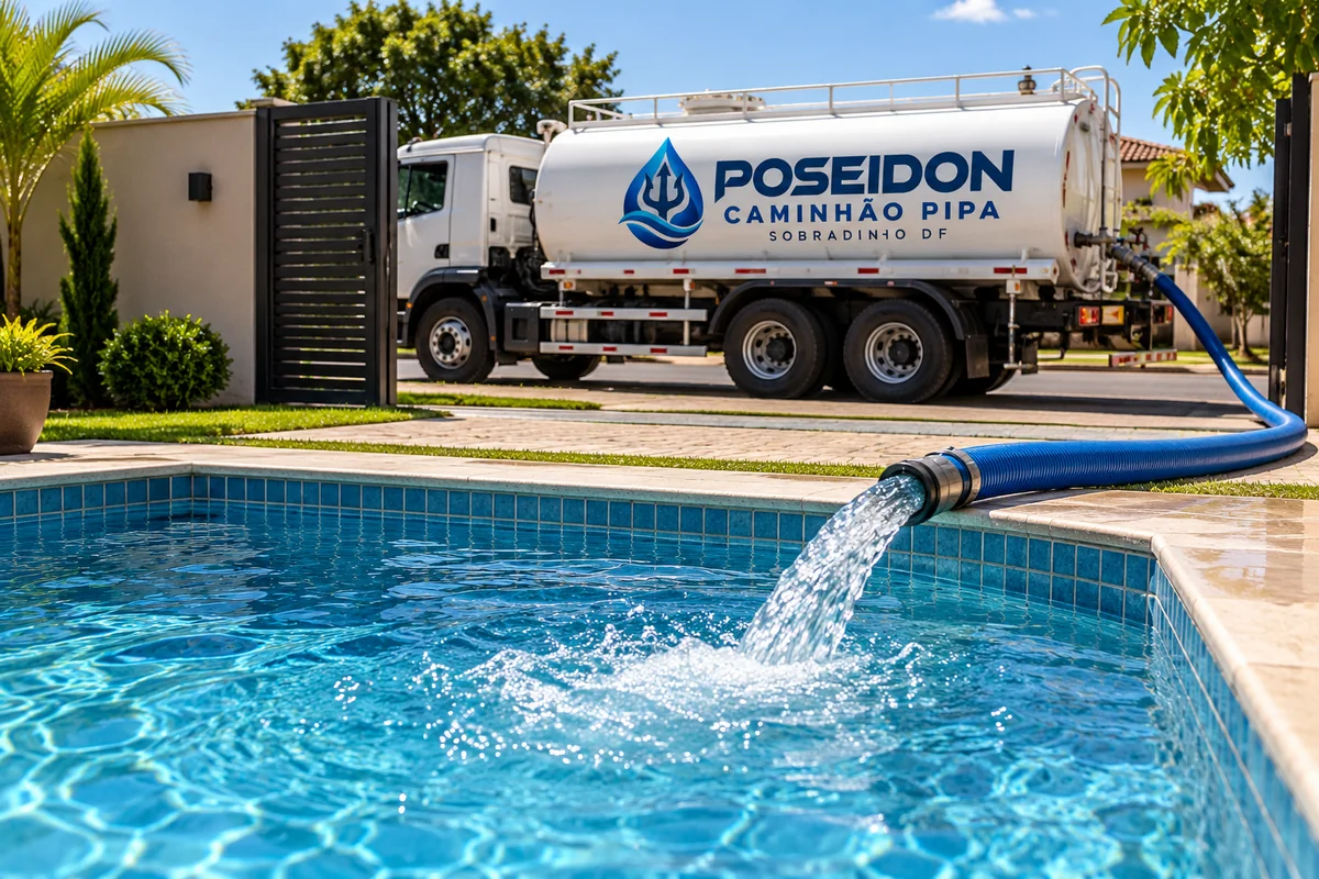Caminhão pipa para piscina em Sobradinho DF: caminhão da Poseidon em atendimento