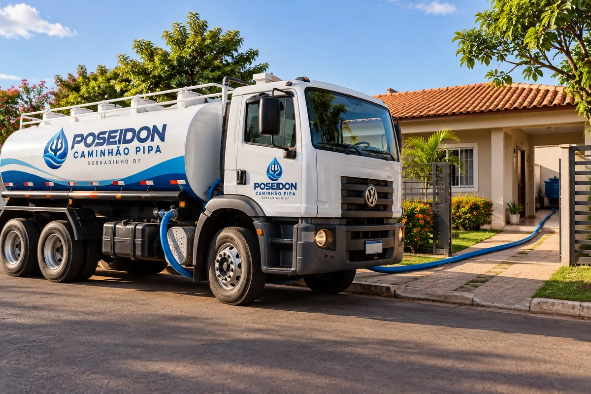 Caminhão pipa para residência em Sobradinho DF: caminhão da Poseidon em atendimento