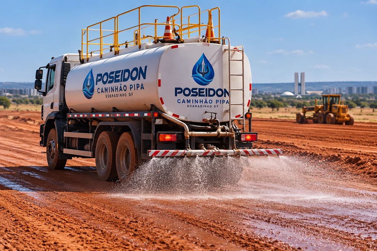 Caminhão pipa para terraplanagem em Sobradinho DF: caminhão da Poseidon em atendimento